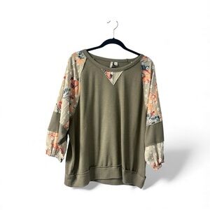 Cato Olive and Floral Sleeve Blouse